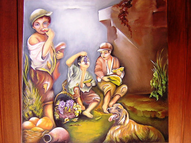 Niños comiendo frutas Oil Textile Figure Painting