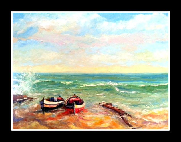 Barcas en la playa Oil Canvas Marine Painting