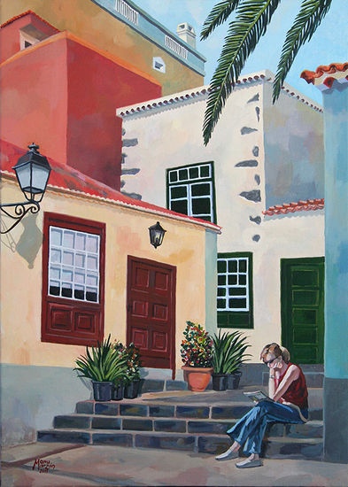 Plaza Tanquito, chica leyendo. Oil Canvas Landscaping