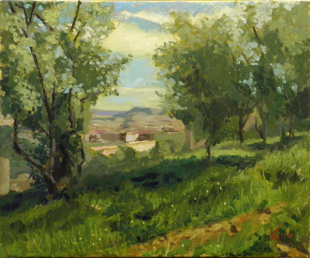 Montjuïch entre oliveres, vista des del parc del Guinardó