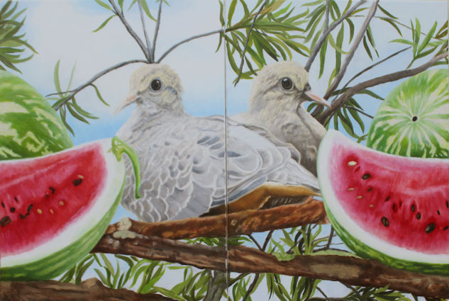 Dos tórtolos en verano. / Two turtledoves in summer. Oil Canvas Animals