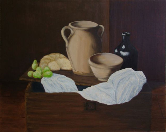 PERAS PAN Y VINO Oil Panel Still Life Paintings