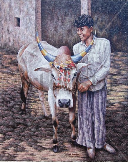 Niño con vaca sagrada Oil Canvas Figure Painting