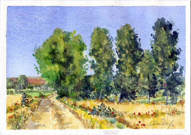 Esla - Rueda, Verano Acuarela Papel Paisaje