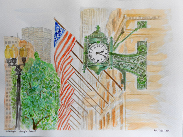 Chicago Macy's clock Watercolour Paper Landscaping