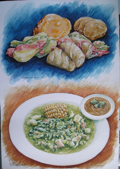 Dos platos típicos Watercolour Card Still Life Paintings