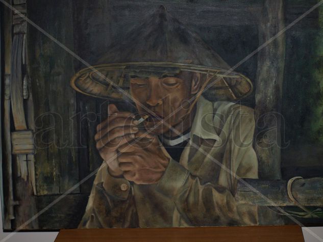 Vietnamita fumando Óleo Lienzo Retrato