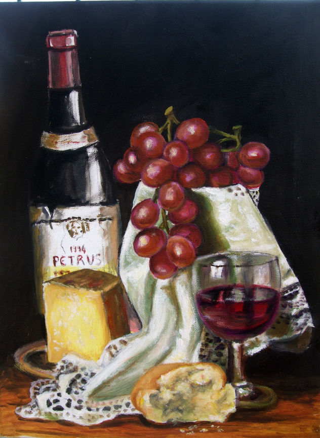 Naturaleza Muerta, queso, uvas y Petrus