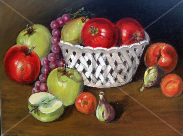 Óleo sobre lienzo, frutero calado con frutas Oil Canvas Still Life Paintings