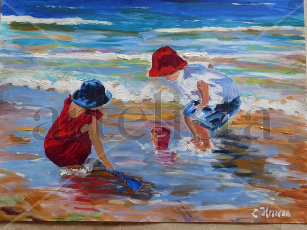 Niños en la orilla Acrylic Paper Marine Painting