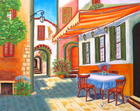 EL CAFE, THE CAFE Oil Canvas Landscaping