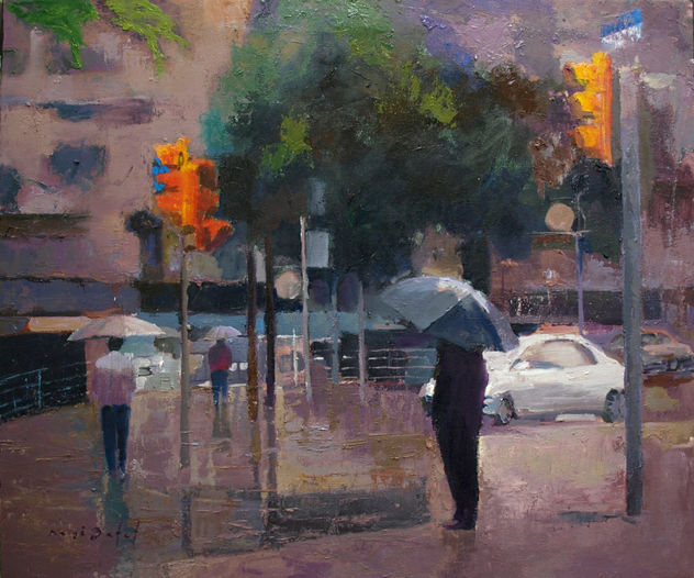 Lluvia, paraguas, coche blanco.