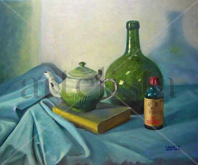 Tetera, llibre i ampolles - 20080612/Oli 37 Nm Oil Canvas Still Life Paintings