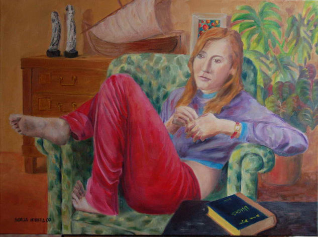 La joven del libro Oil Textile Portrait