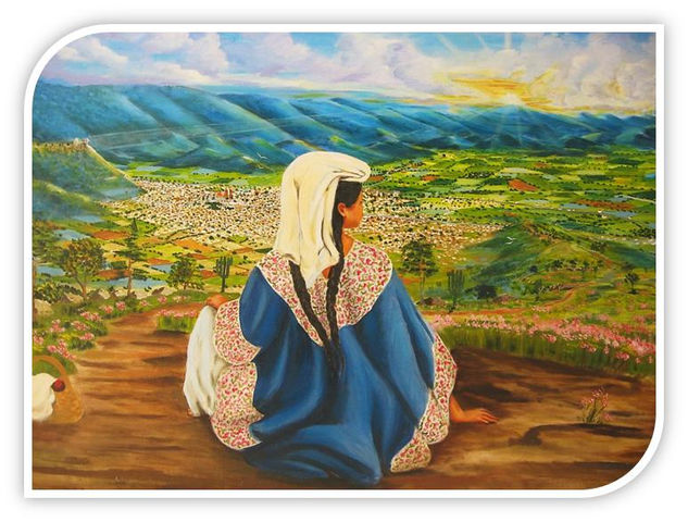 NIÑA NAHUA CON PAISAJE. Media Mixta Lienzo Figura