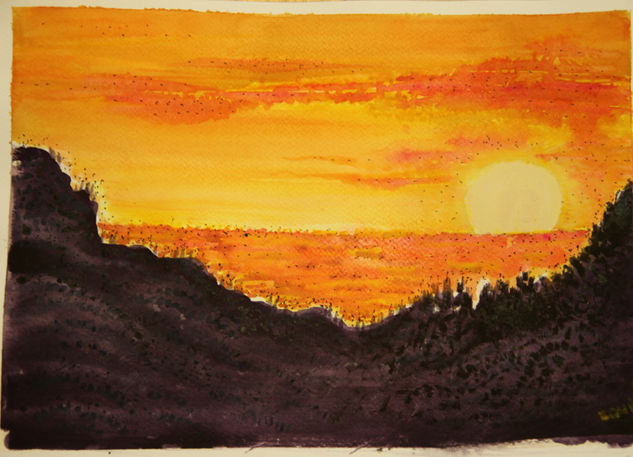 Atardecer Acuarela Papel Paisaje