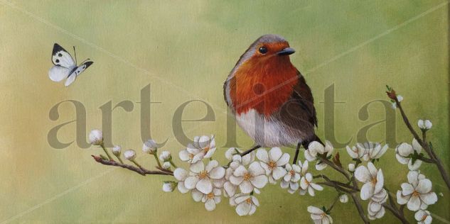 ROBIN CON FLORES Acrylic Canvas Animals