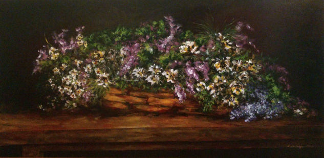 Cesto con flores silvestres Mixed media Panel Floral Painting