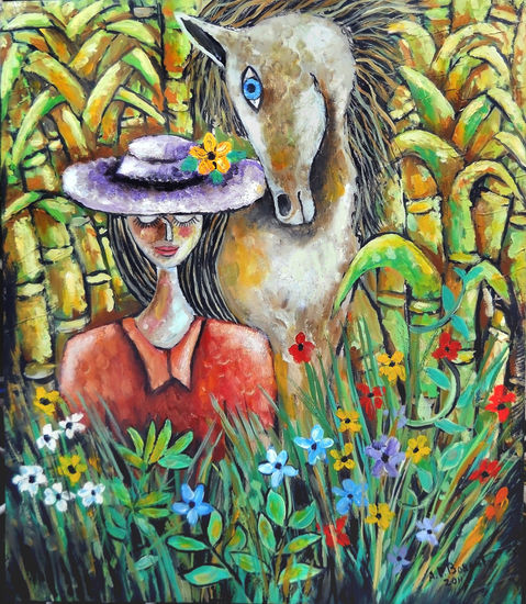 Niña con Caballo Oil Canvas Portrait