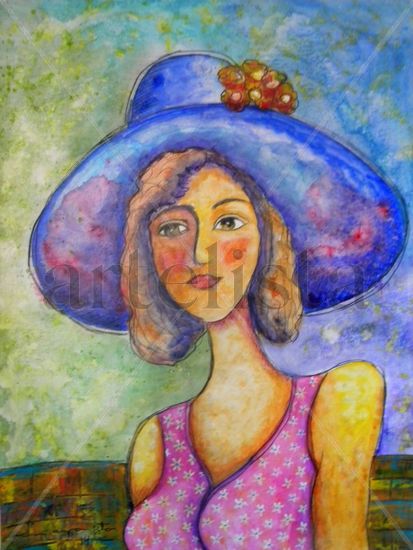 Personaje con sombrero y flores Mixed media Textile Portrait