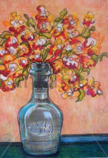 BOTELLÓN CON FLORES NARANJA Mixed media Paper Floral Painting