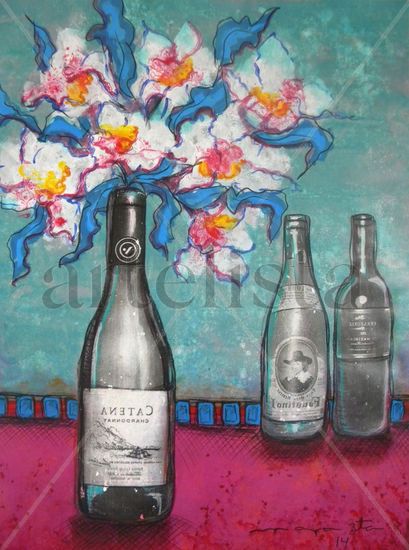 BOTELLAS CON ORQUÍDEAS BLANCAS Media Mixta Papel Bodegones