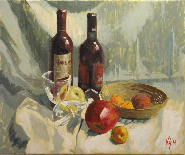 Bodegó de vi amb poma, albercocs i préssec