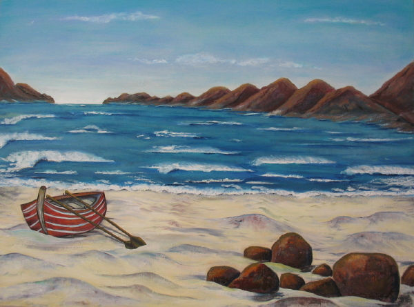 Bote en la Playa, Boat on the beach Oil Canvas Marine Painting