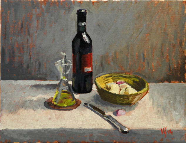 Bodegó de vi, oli i alls Oil Canvas Still Life Paintings