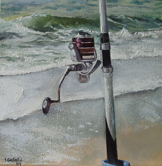 Pescando en la playa Oil Canvas Marine Painting