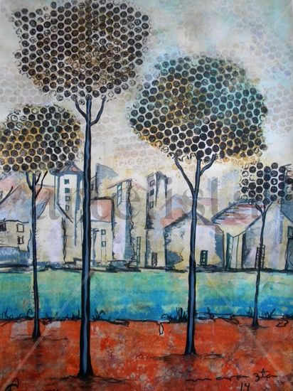 PAISAJE CON LAGO Mixed media Paper Landscaping