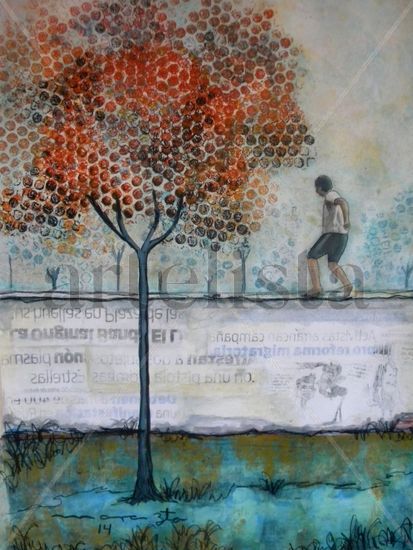 NIÑO CORTANDO NARANJAS Mixed media Paper Landscaping