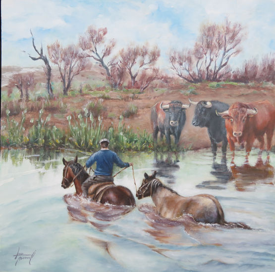 Toros observando a los caballos. Óleo Tabla Paisaje