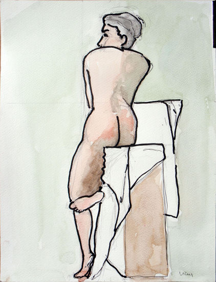 Dona nua recolzant-se 02 Watercolour Paper Nude Paintings