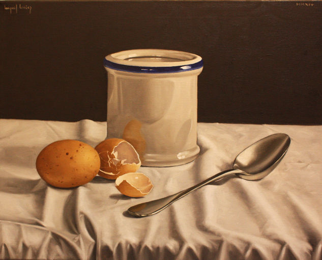 Azucarero, cuchara y huevos Oil Canvas Still Life Paintings