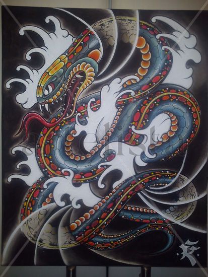 Old School Snake Canvas Media Mixta Lienzo Animales