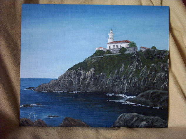 FARO DE CUDILLERO Oil Panel Marine Painting