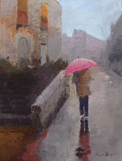 Lluvia, Paraguas rosa Oil Canvas Landscaping