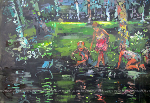 Niños en el río Oil Canvas Landscaping