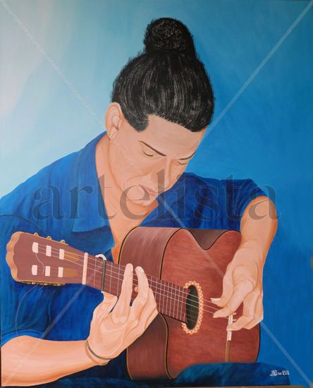 Flamenco Azul con la Guitarra Acrílico Lienzo Retrato