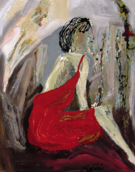 Esa mujer de vestido rojo Vendida Mixed media Textile Figure Painting