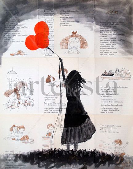 Chica con globos Cuando Tina berrea Ink Card Figure Painting