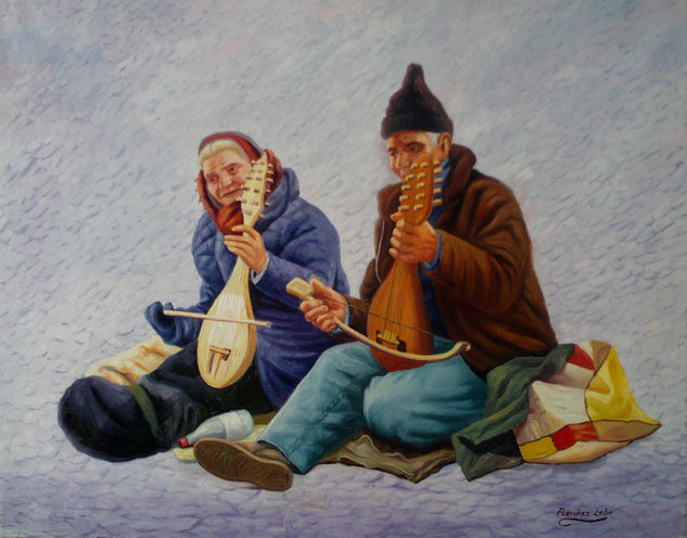 Músicos callejeros. Óleo Lienzo Retrato