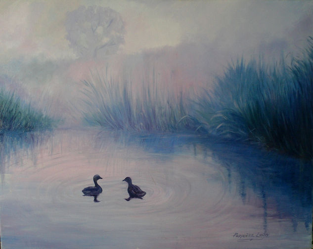 Estanque con patos. Óleo Lienzo Paisaje