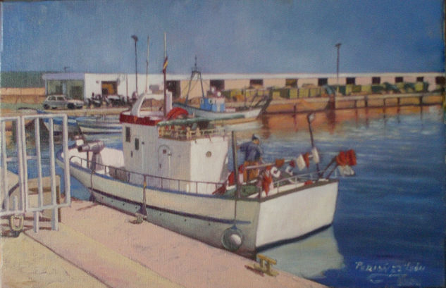 Puerto pesquero de Chipiona. Óleo Lienzo Marina