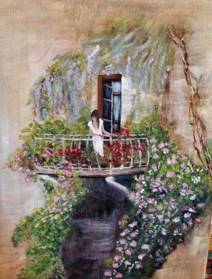 mujer en el balcon Mixed media Canvas Landscaping