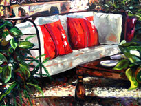 Sofa con cojines rojos