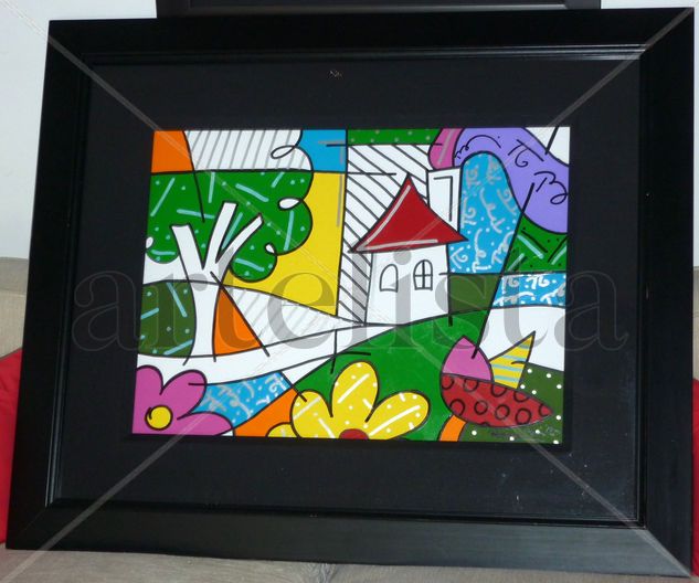 HOUSE WITH A TREE ON LEFT, ROMERO BRITTO Acrílico Papel Paisaje