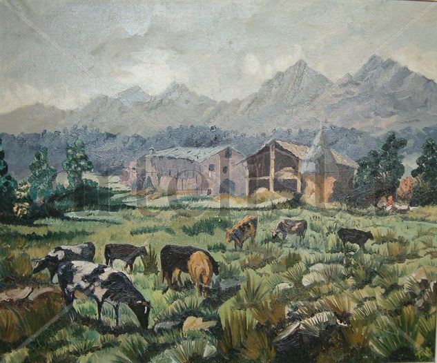 Vacas pastando Óleo Lienzo Paisaje