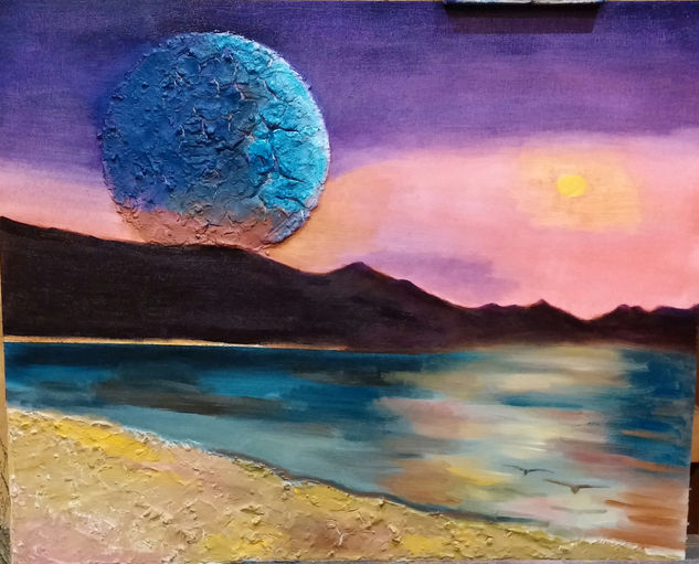 la luna y el mar Mixed media Panel Landscaping